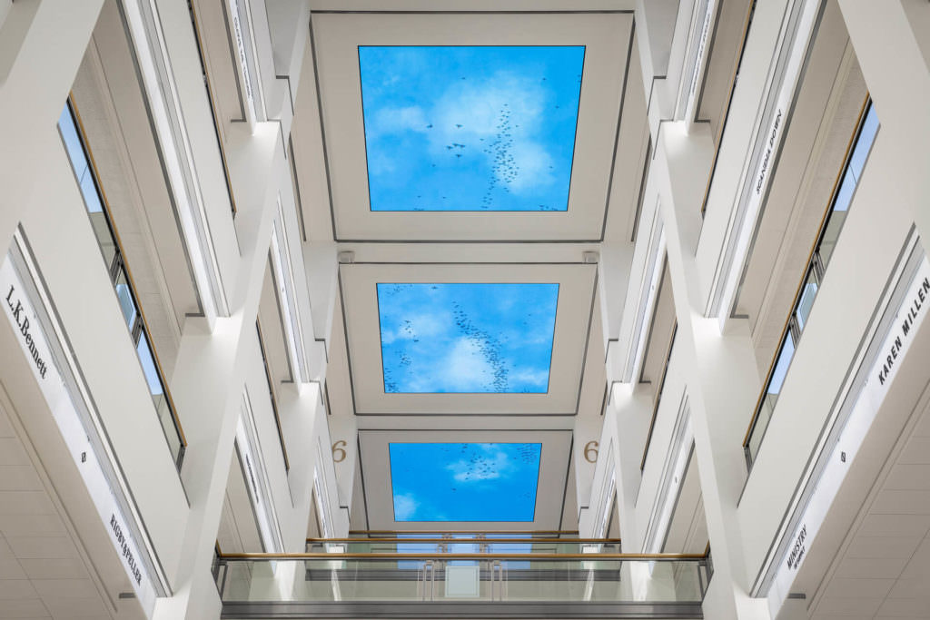 Digital ceiling at 900 North Michigan Shops shows software-generated birds flying in never repeating patterns against a blue sky.